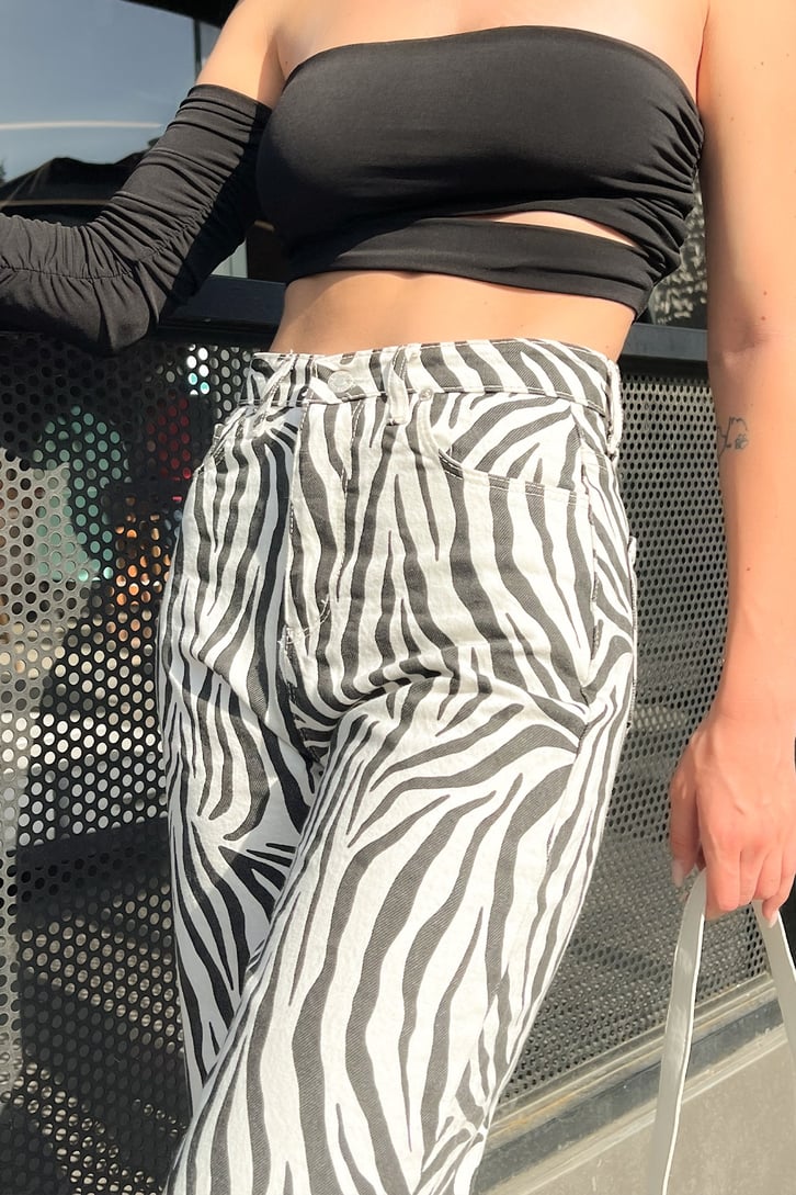 Zebra Desen Beyaz Baggy Jean