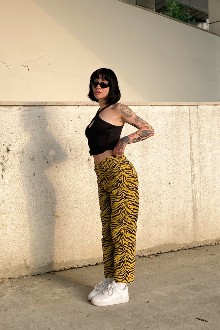 Zebra Desen Sarı Baggy Jean