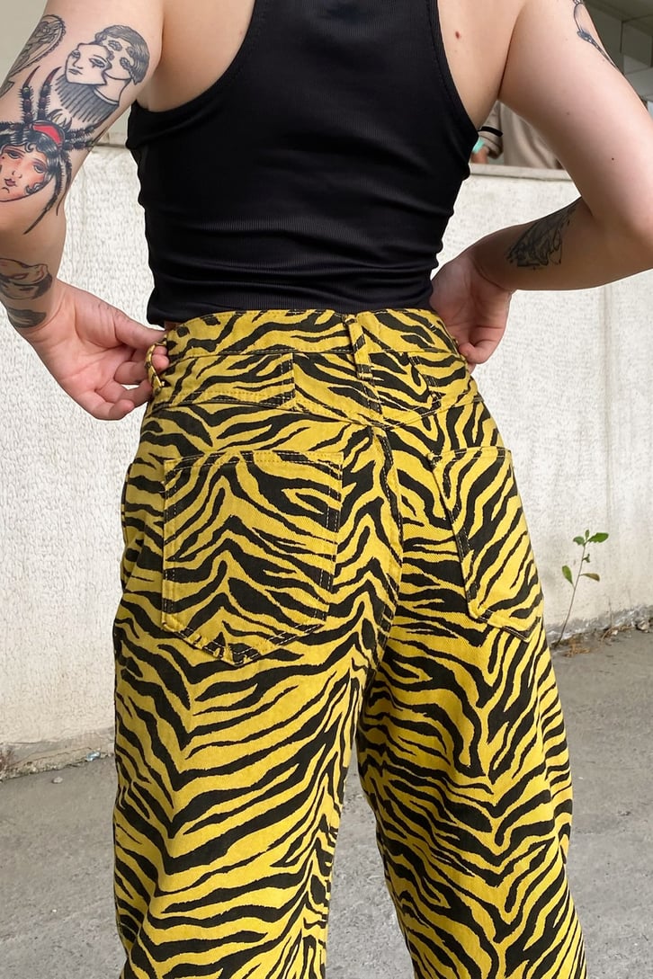 Zebra Desen Sarı Baggy Jean