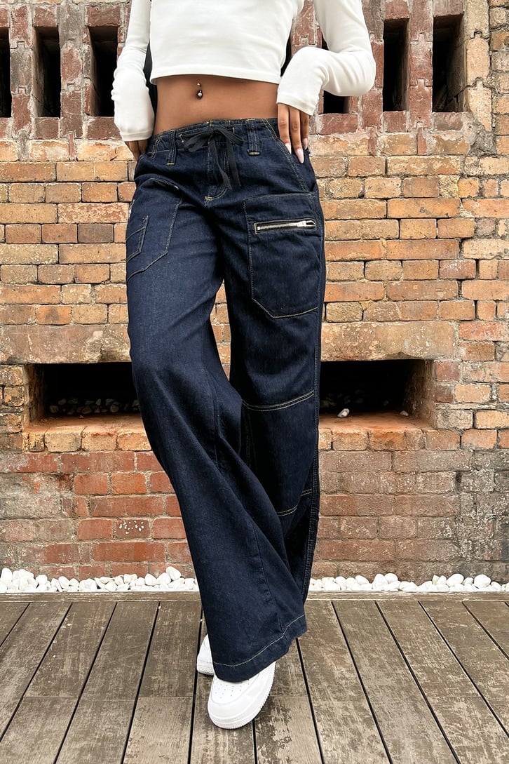 Zipper Cep Detay Lacivert Baggy Jean