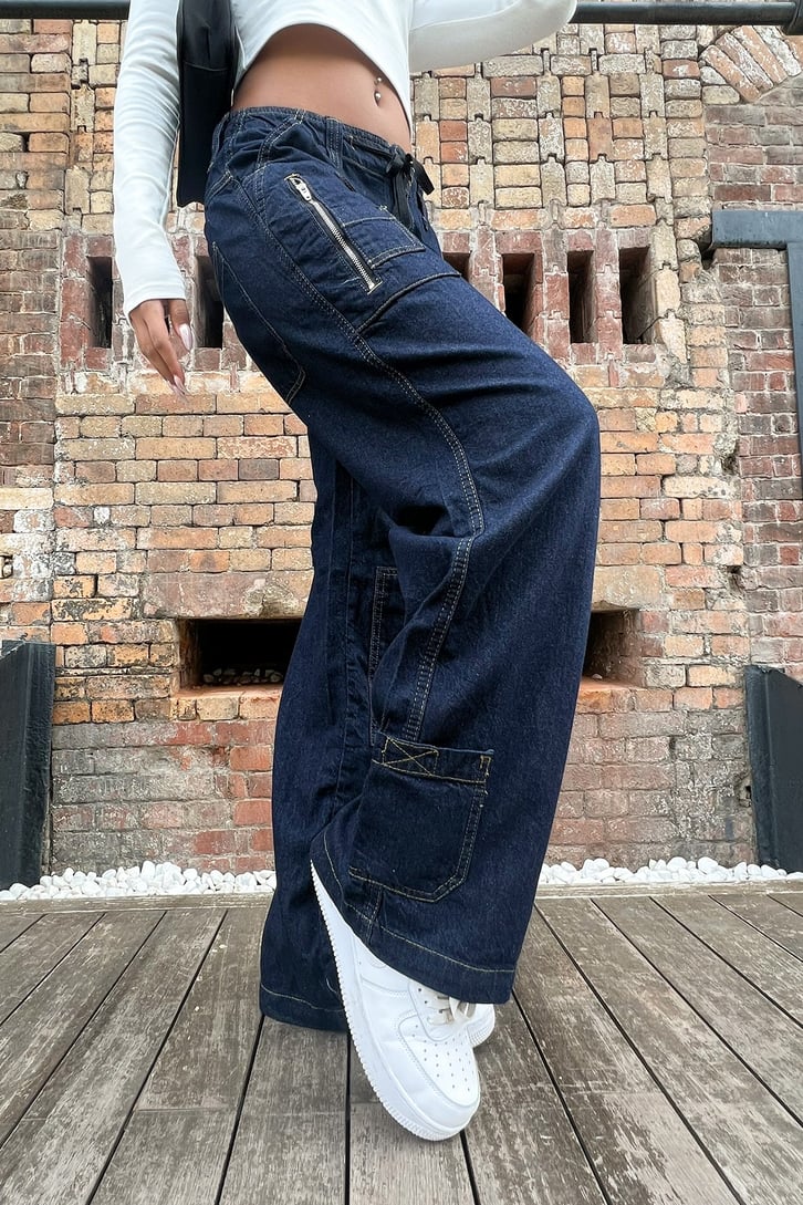 Zipper Cep Detay Lacivert Baggy Jean