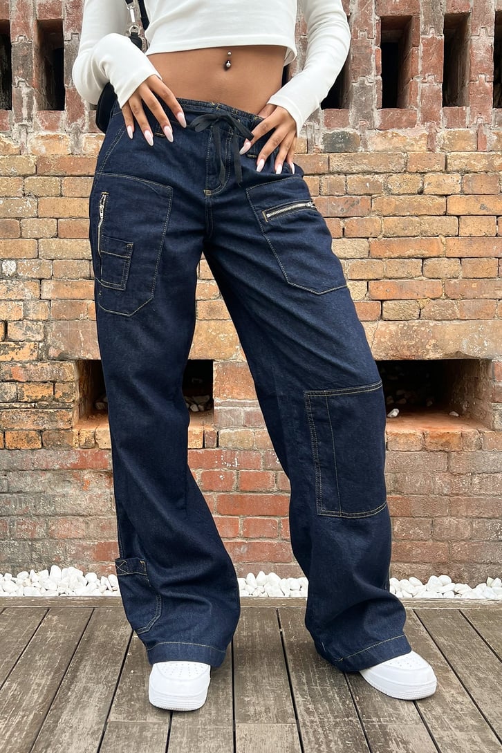 Zipper Cep Detay Lacivert Baggy Jean