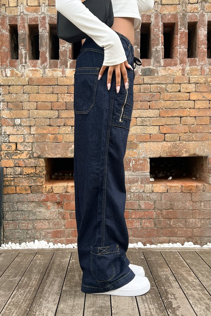 Zipper Cep Detay Lacivert Baggy Jean