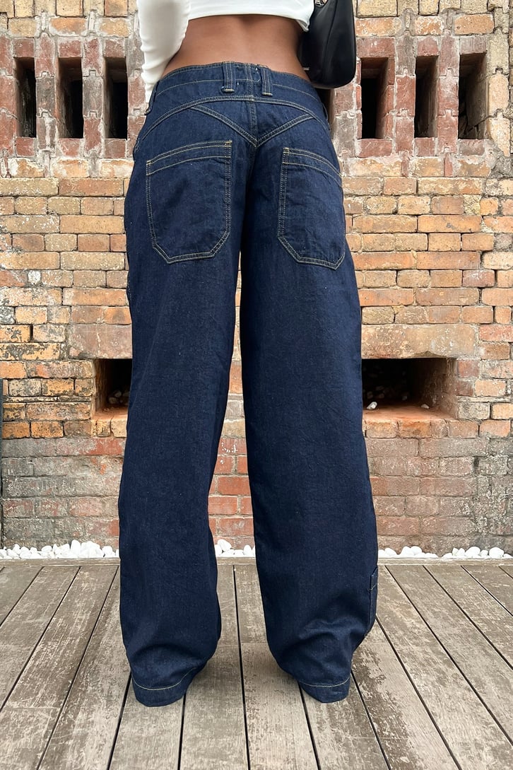 Zipper Cep Detay Lacivert Baggy Jean