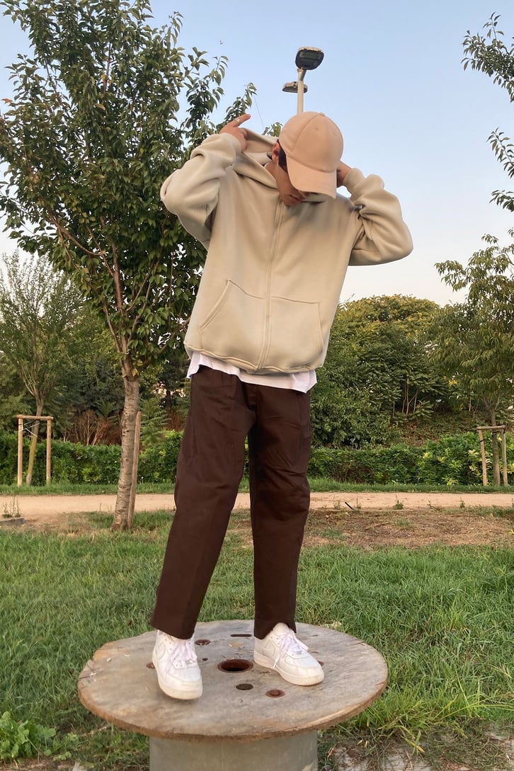 Zippered Basic Hoodie Stone Color