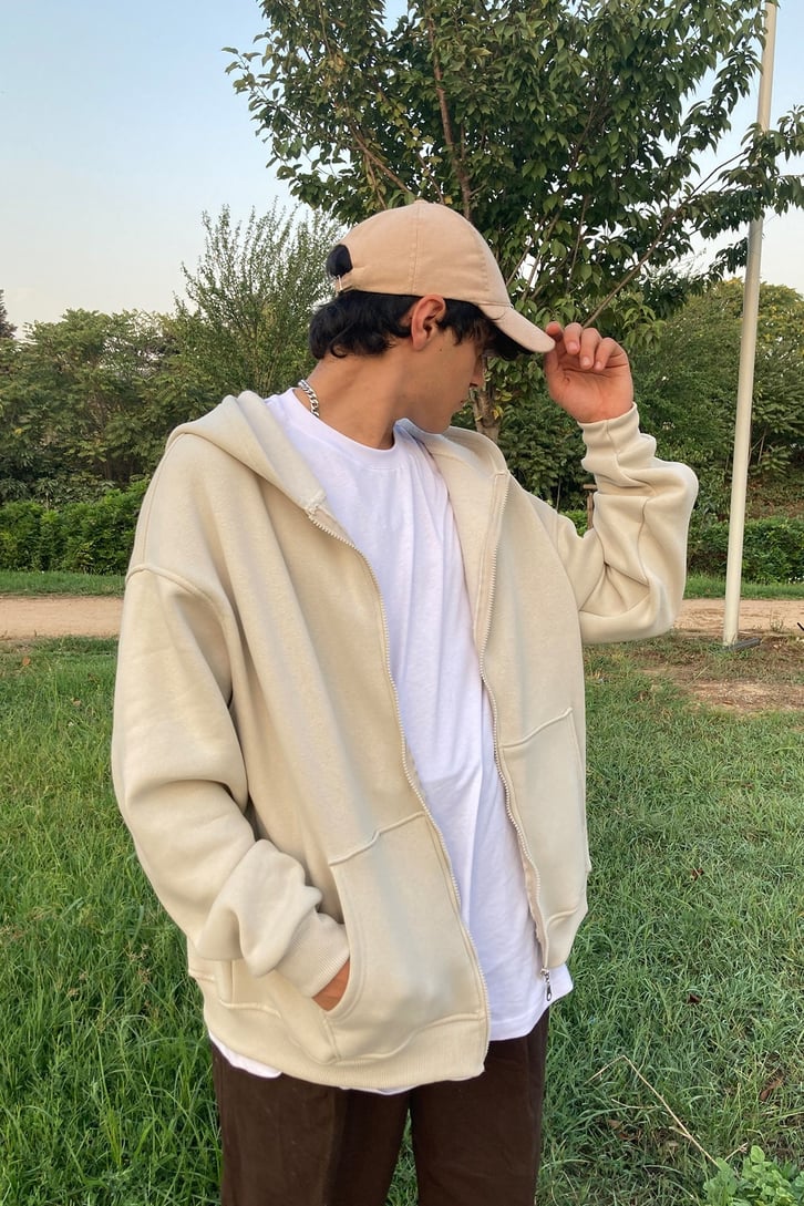 Zippered Basic Hoodie Stone Color