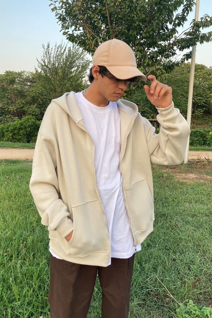 Zippered Basic Hoodie Stone Color