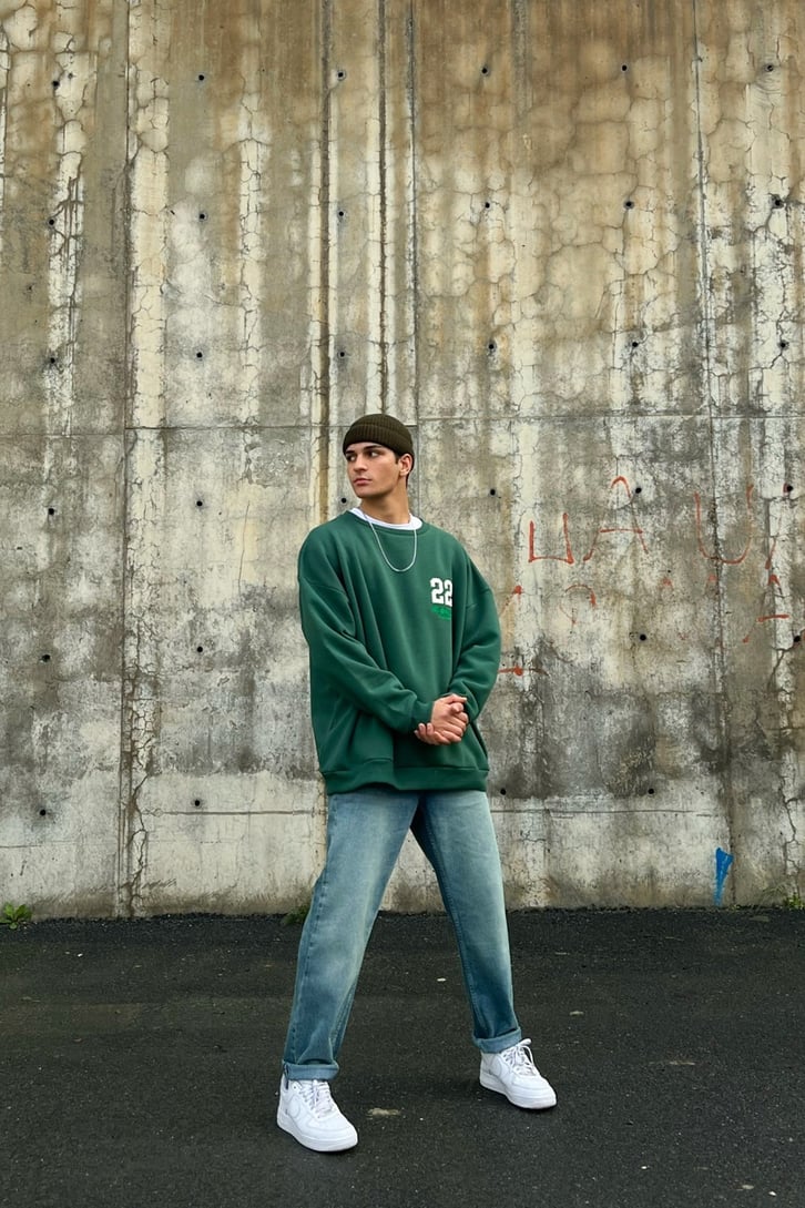 22 Nakışlı Yeşil Oversize Sweatshirt