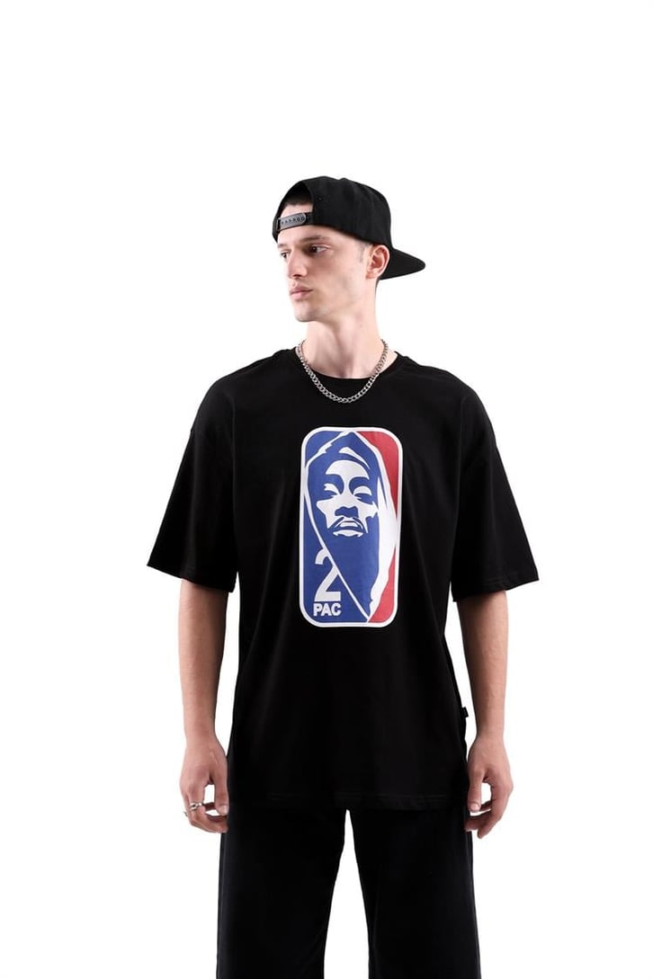 2pac Baskılı Siyah Oversize Tshirt
