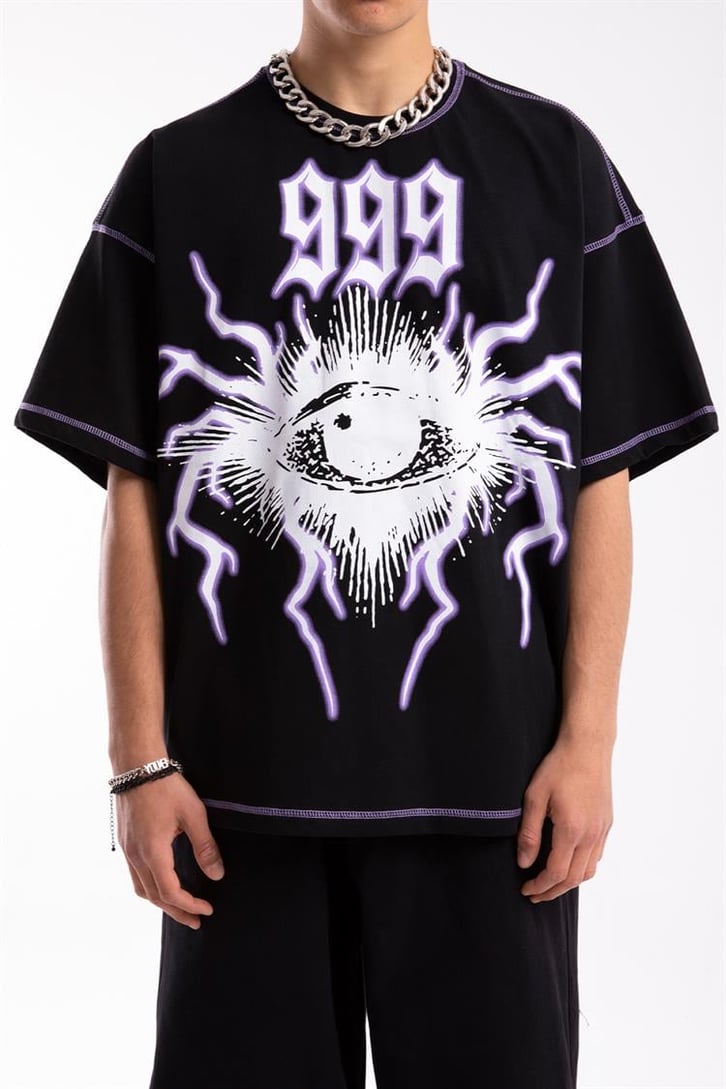 999 Eye Baskılı Siyah Oversize Tişört