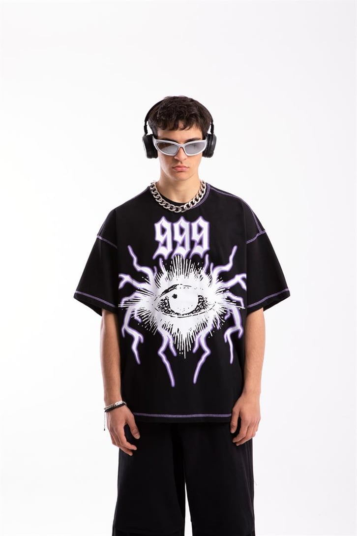 999 Eye Baskılı Siyah Oversize Tişört