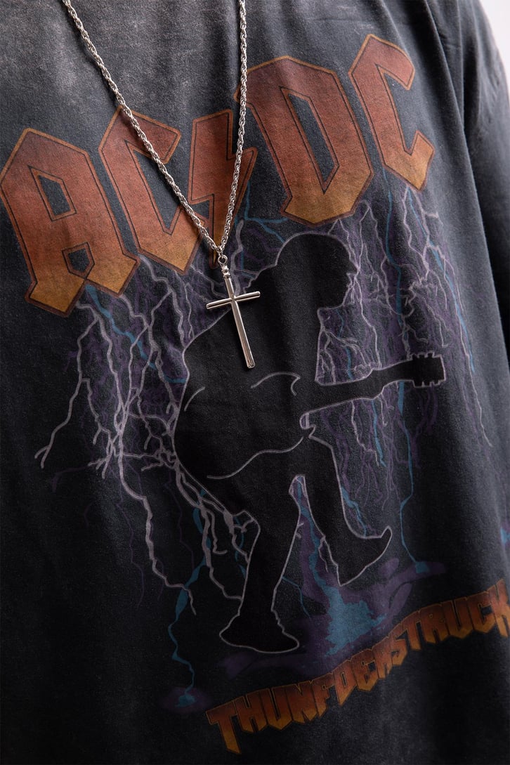 AC-DC Baskılı Acid Wash Oversize Tshirt