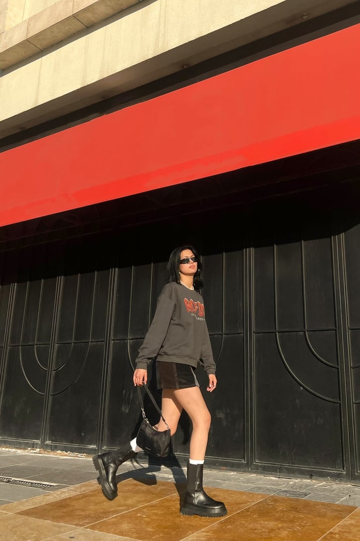 AC-DC Baskılı Antrasit Sweatshirt