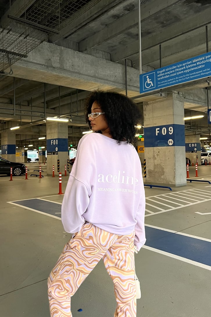 Aceline Baskılı Lila Oversize Sweatshirt