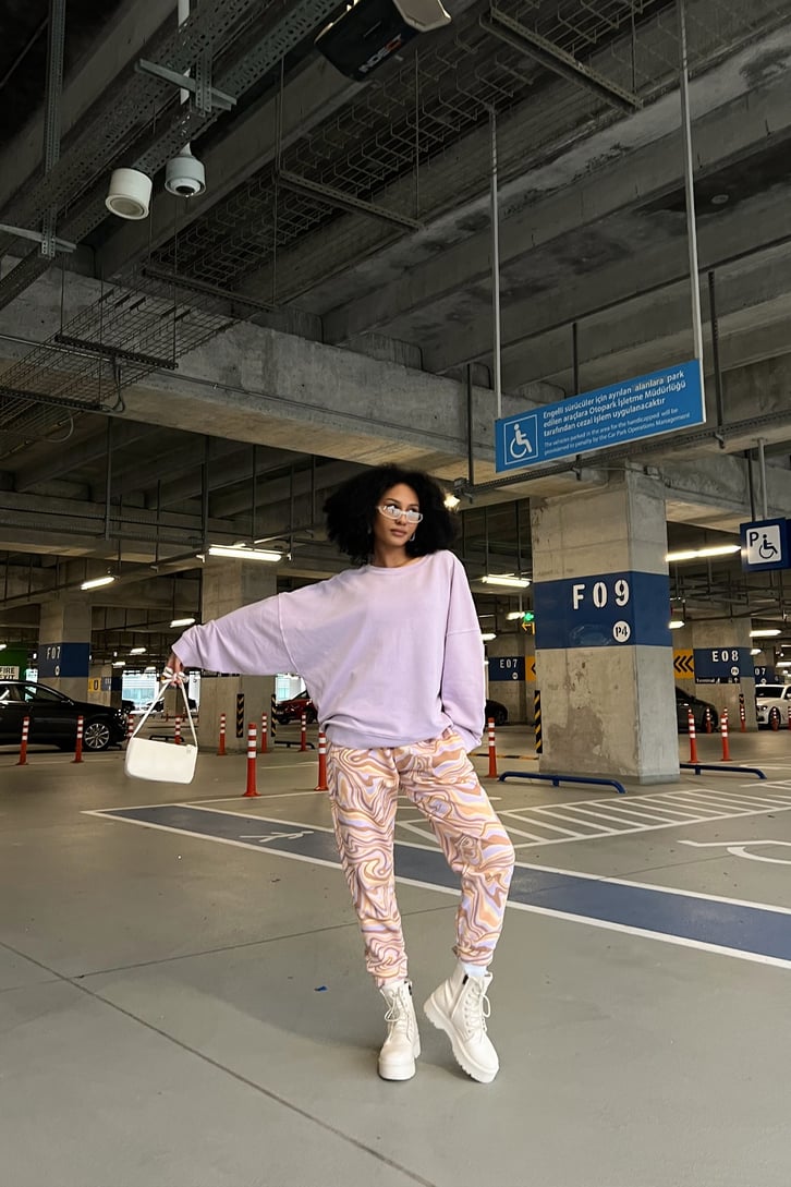 Aceline Baskılı Lila Oversize Sweatshirt