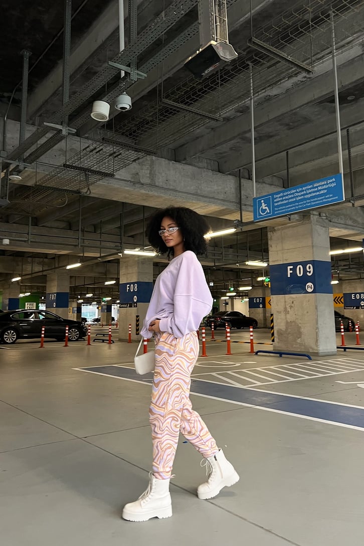 Aceline Baskılı Lila Oversize Sweatshirt