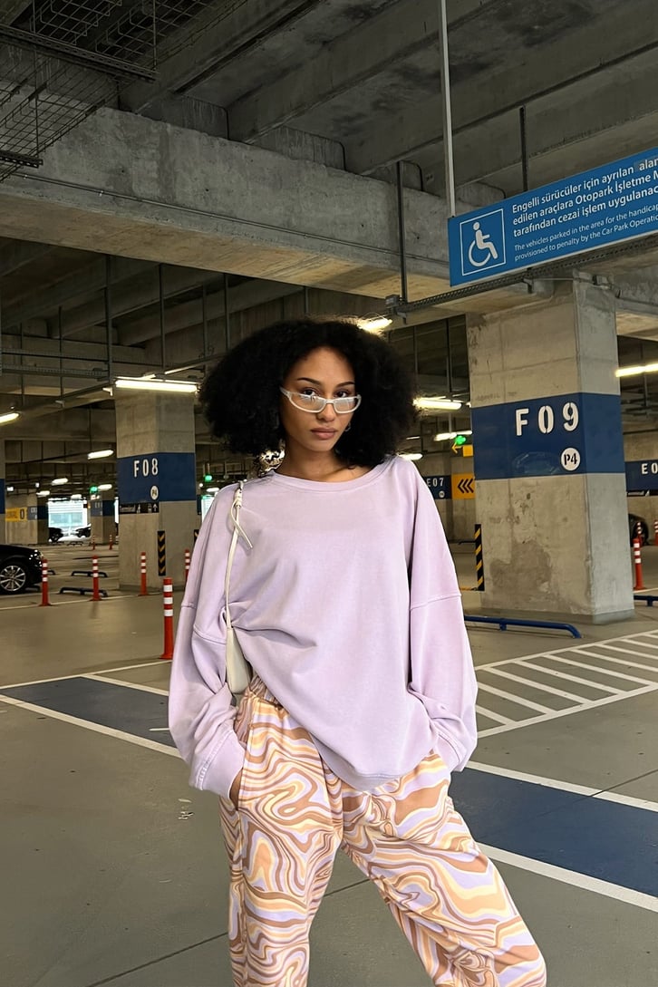 Aceline Baskılı Lila Oversize Sweatshirt