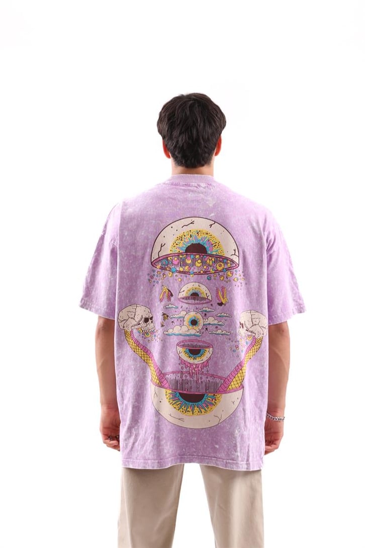 Acid Eye Baskılı Lila Acid Wash Oversize Tshirt