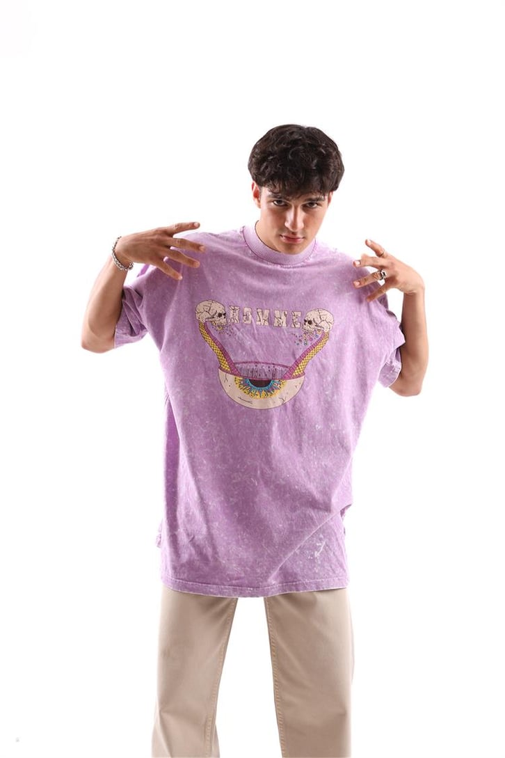 Acid Eye Baskılı Lila Acid Wash Oversize Tshirt