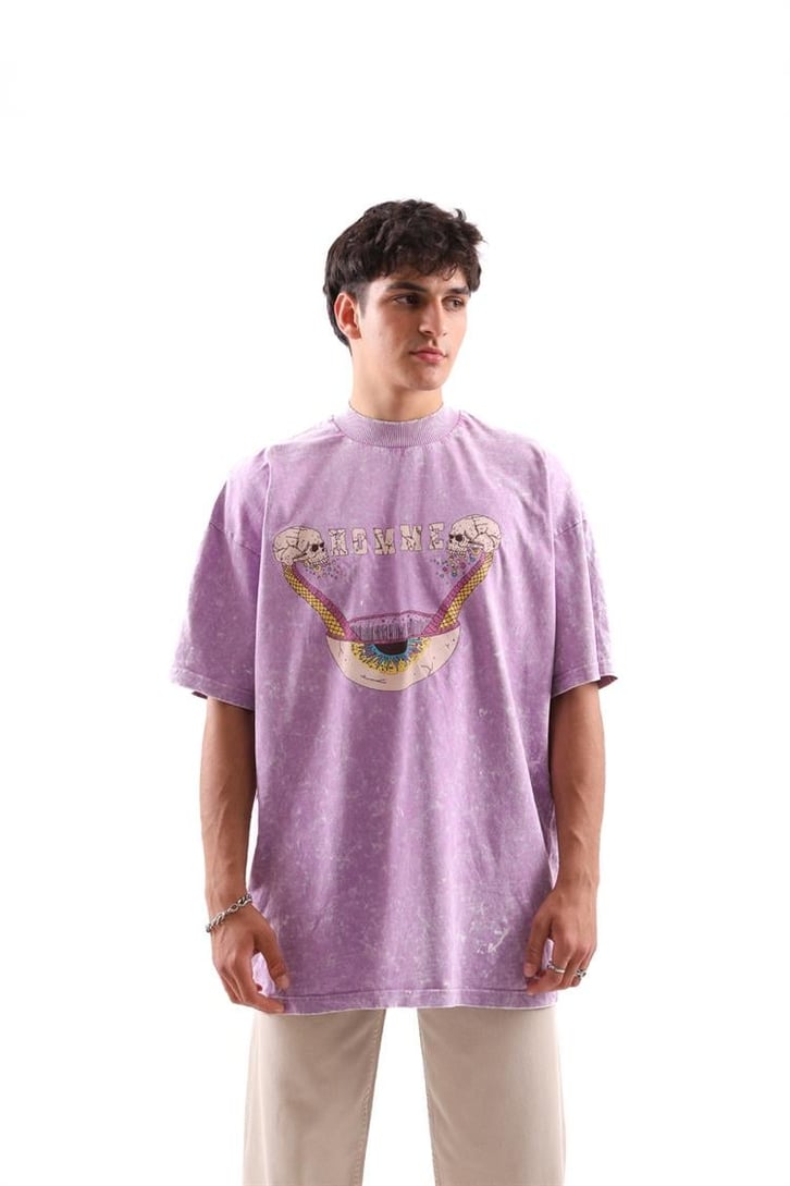 Acid Eye Baskılı Lila Acid Wash Oversize Tshirt