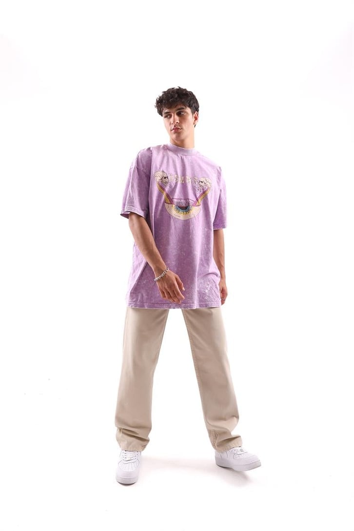 Acid Eye Baskılı Lila Acid Wash Oversize Tshirt
