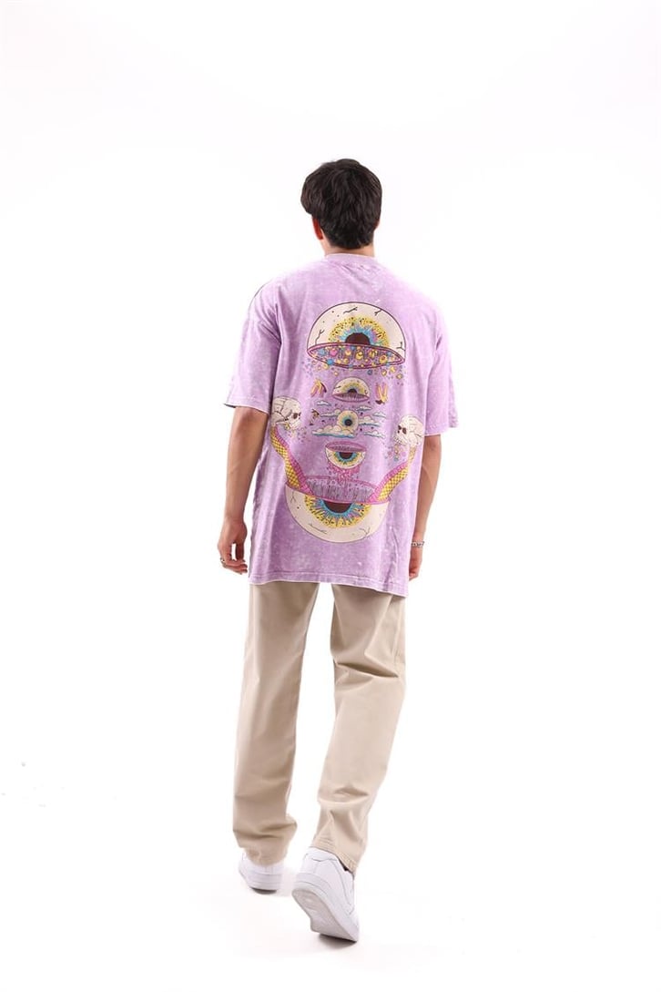 Acid Eye Baskılı Lila Acid Wash Oversize Tshirt