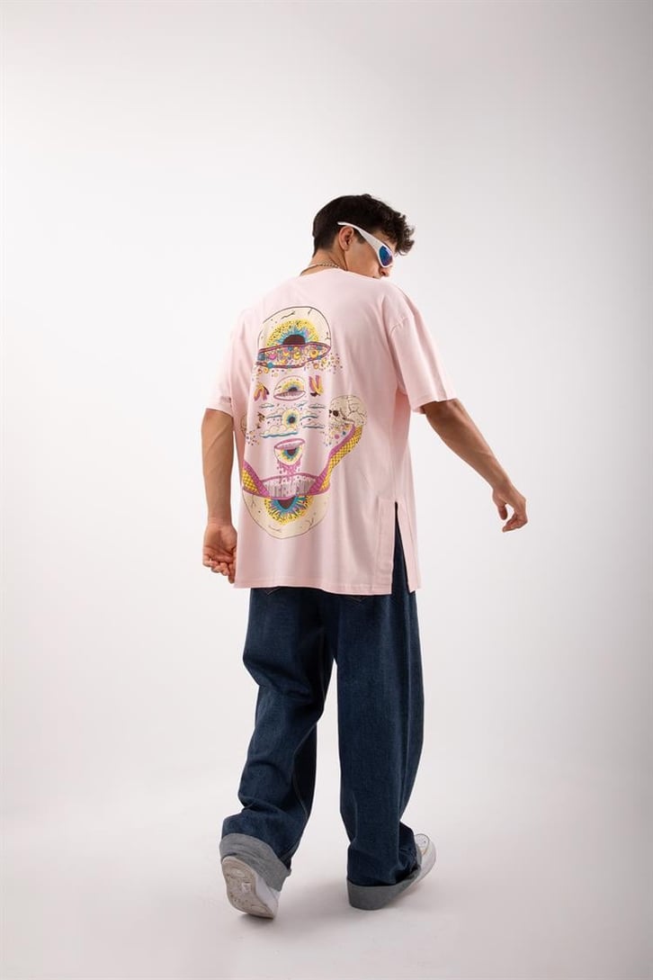 Acid Eye Baskılı Pembe Acid Wash Oversize Tshirt