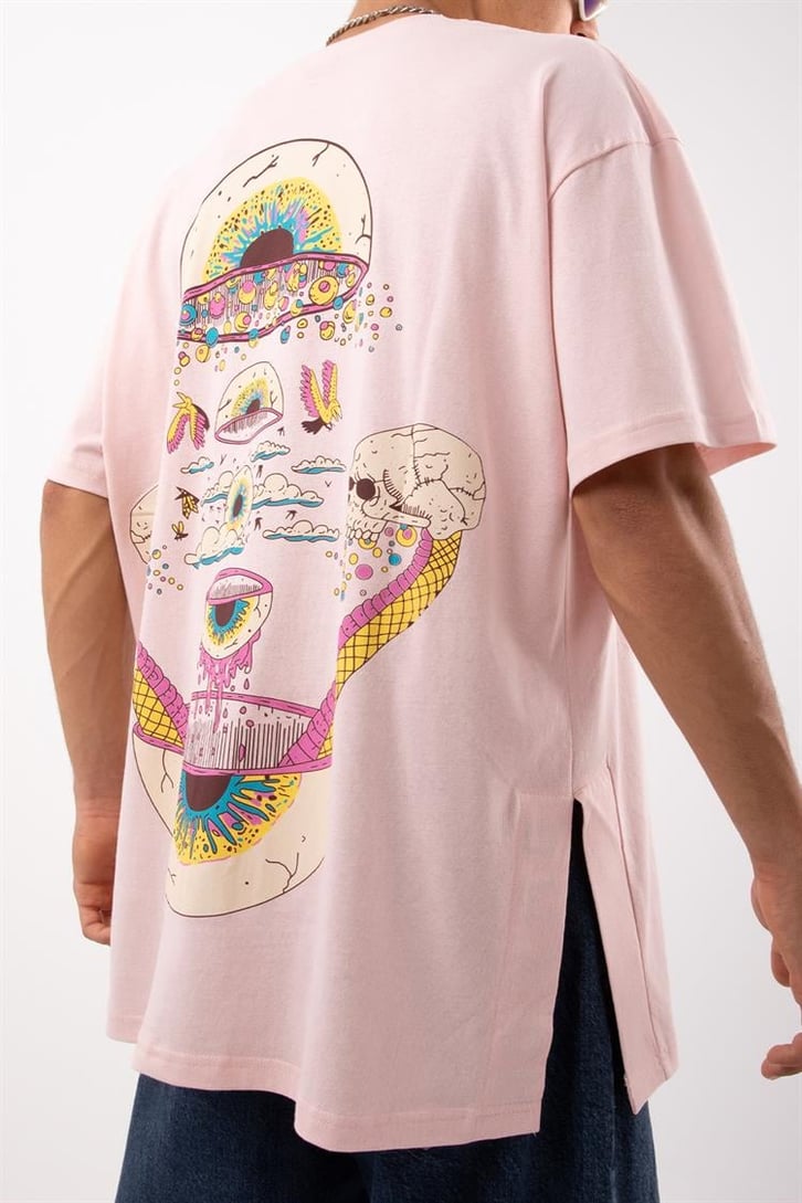 Acid Eye Baskılı Pembe Acid Wash Oversize Tshirt
