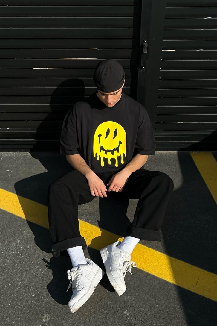 Acid Smiley Baskılı Siyah Oversize Tshirt