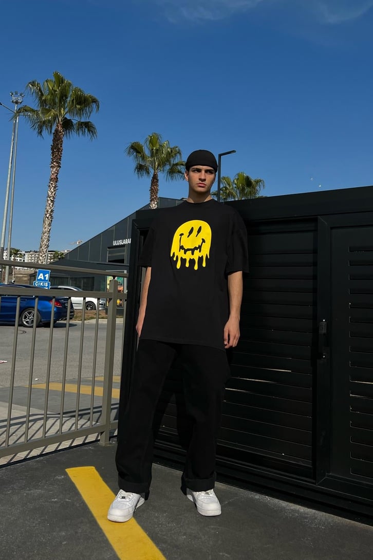Acid Smiley Baskılı Siyah Oversize Tshirt