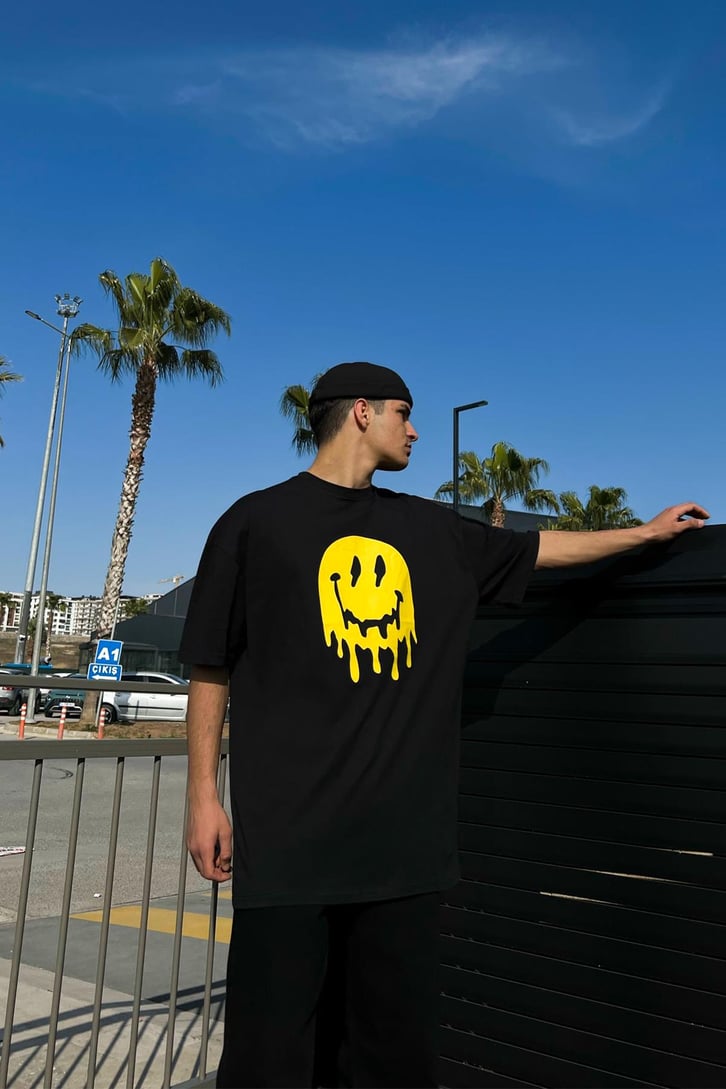 Acid Smiley Baskılı Siyah Oversize Tshirt