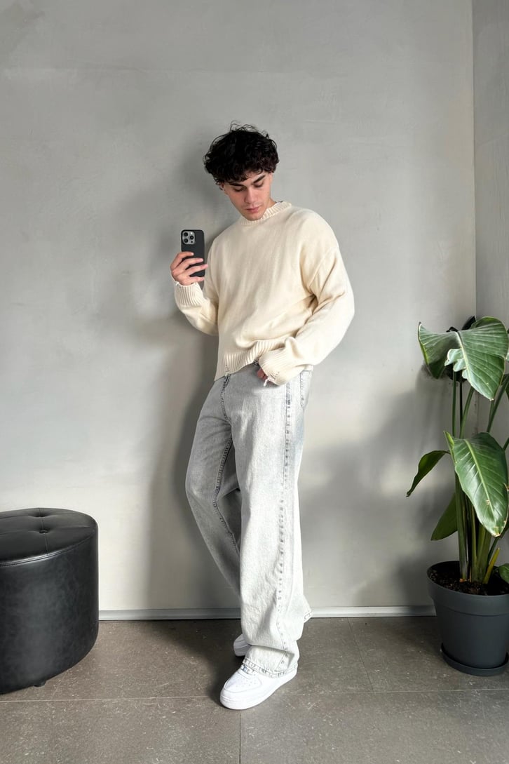 Acid Wash Açık Gri Baggy Jean