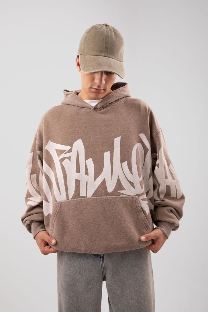Acid Wash Baskılı Sütlü Kahve Oversize Hoodie
