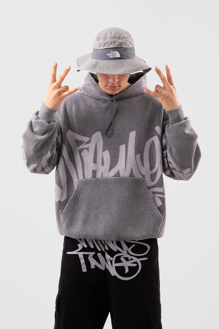 Acid Wash Baskılı Sütlü Kahve Oversize Hoodie