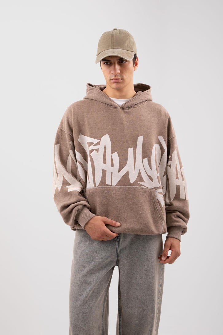 Acid Wash Baskılı Sütlü Kahve Oversize Hoodie