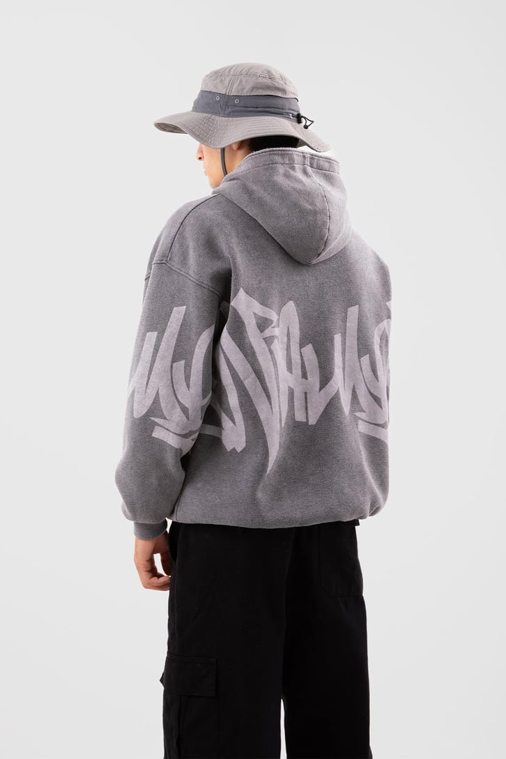 Acid Wash Baskılı Sütlü Kahve Oversize Hoodie