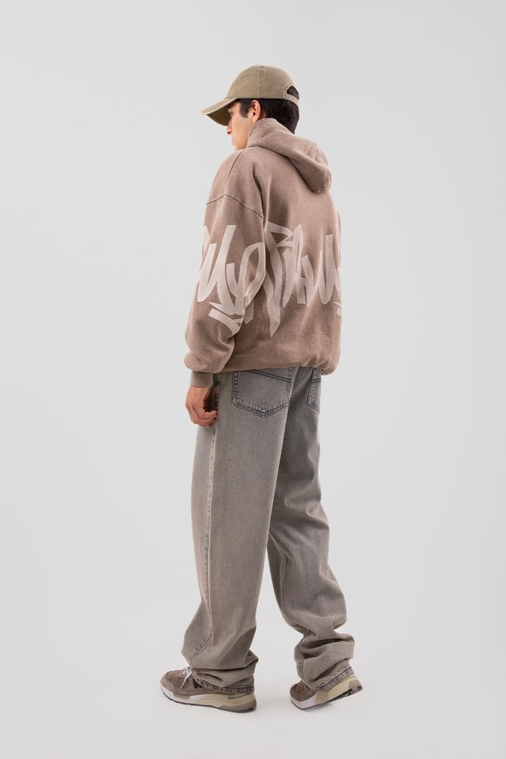 Acid Wash Baskılı Sütlü Kahve Oversize Hoodie
