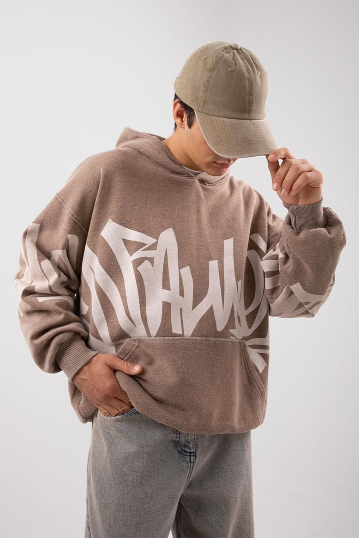 Acid Wash Baskılı Sütlü Kahve Oversize Hoodie