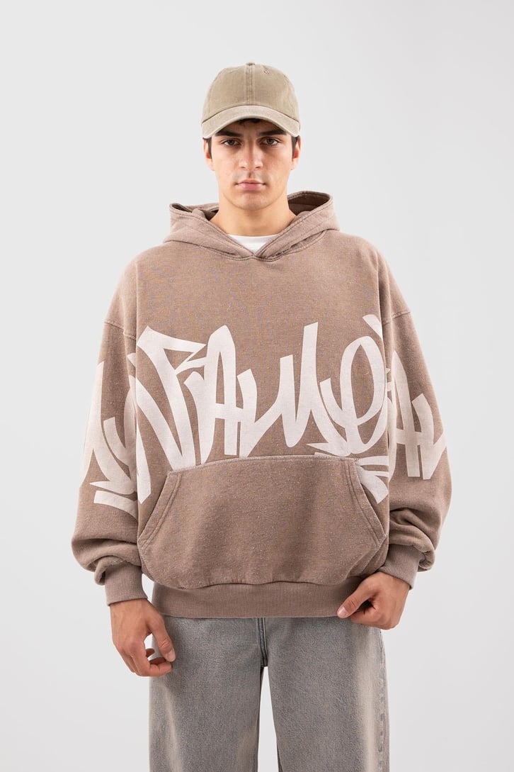 Acid Wash Baskılı Sütlü Kahve Oversize Hoodie