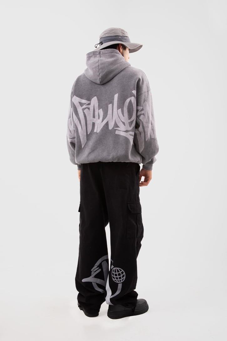 Acid Wash Baskılı Sütlü Kahve Oversize Hoodie