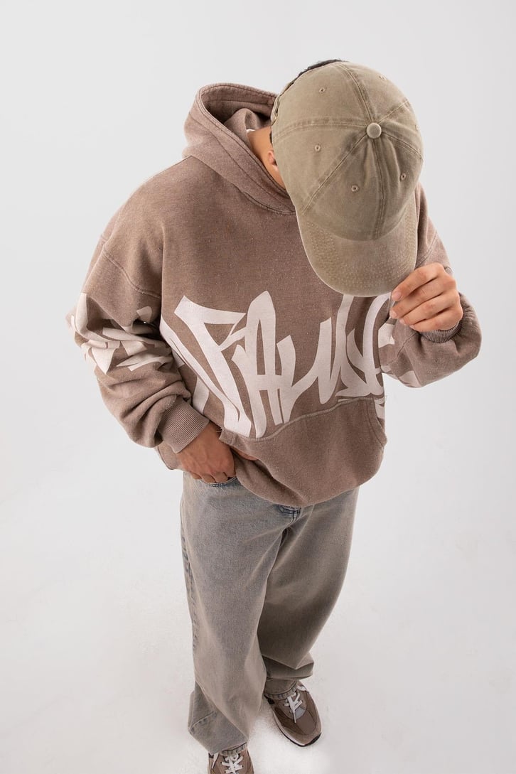 Acid Wash Baskılı Sütlü Kahve Oversize Hoodie