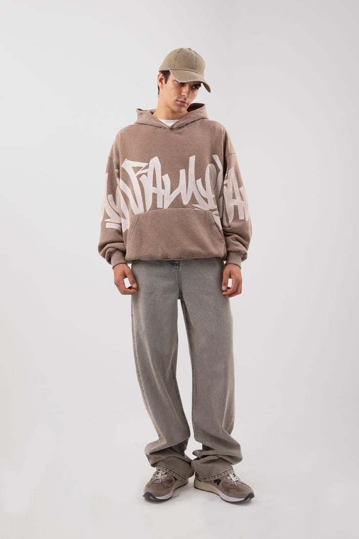Acid Wash Baskılı Sütlü Kahve Oversize Hoodie