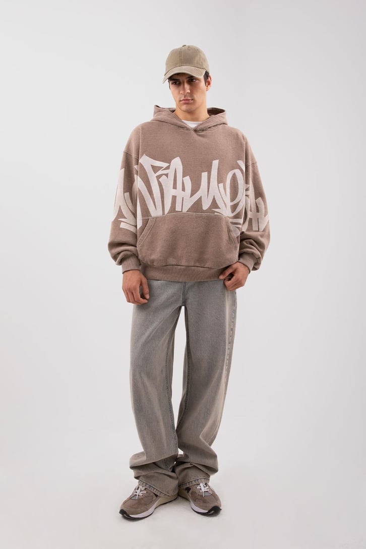 Acid Wash Baskılı Sütlü Kahve Oversize Hoodie