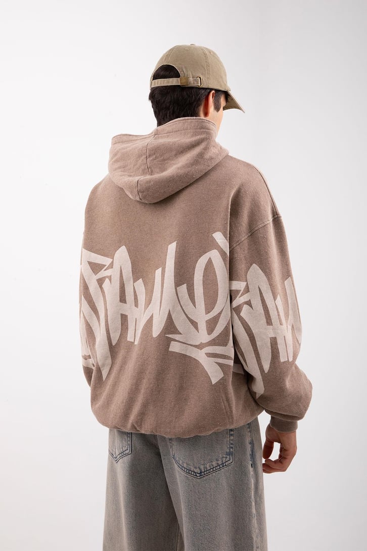 Acid Wash Baskılı Sütlü Kahve Oversize Hoodie