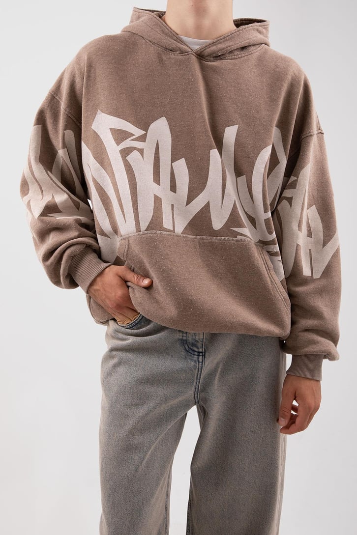 Acid Wash Baskılı Sütlü Kahve Oversize Hoodie