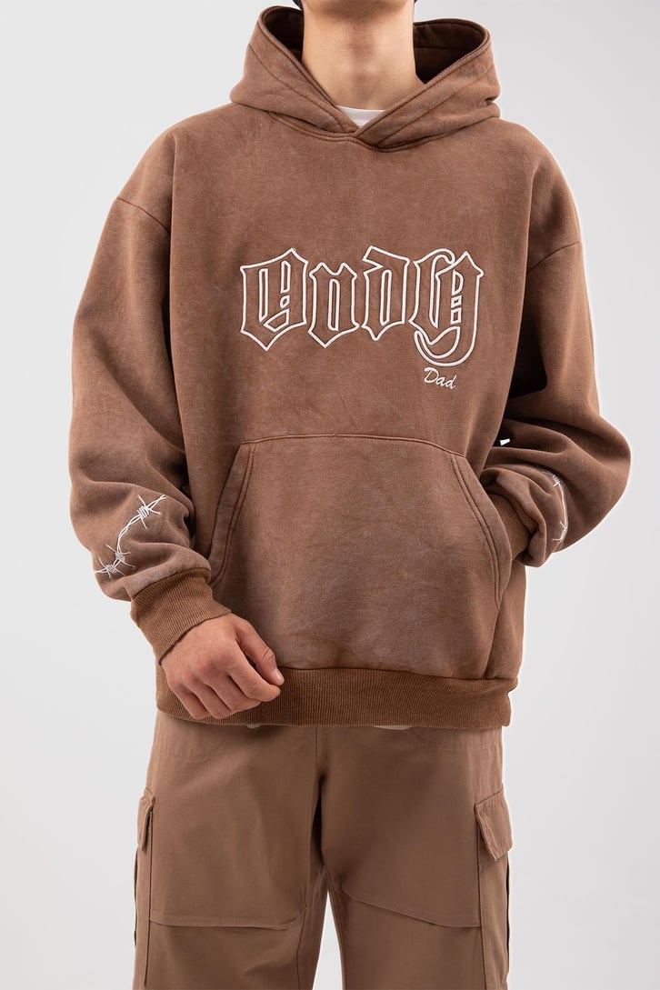 Acid Wash Body Dad Baskılı Kahverengi Oversize Hoodie