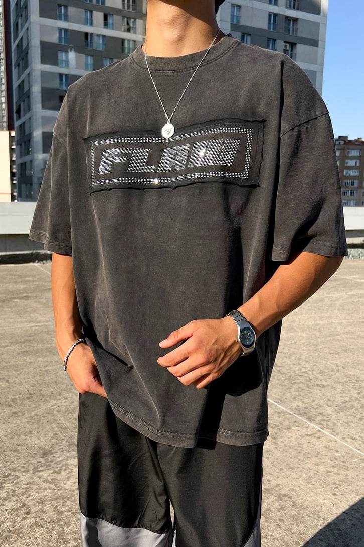 Acid Wash Flaw Taş İşlemeli Oversize Tişört