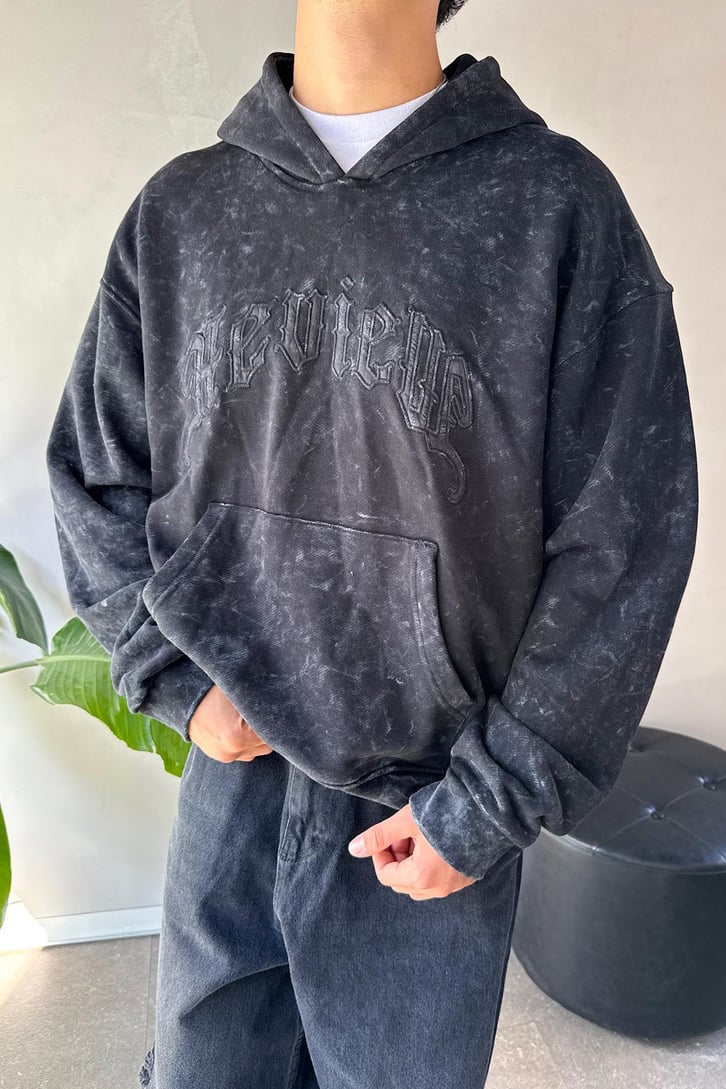 Acid Wash Nakışlı Oversize Hoodie