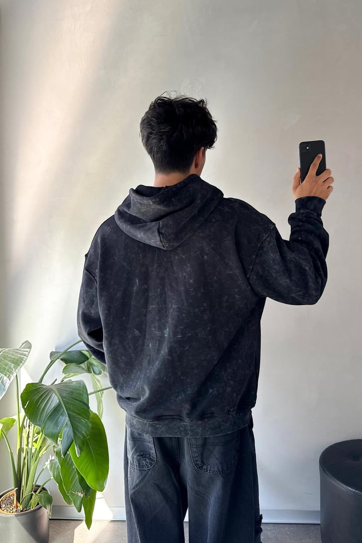 Acid Wash Nakışlı Oversize Hoodie