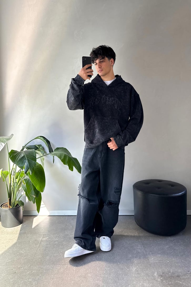 Acid Wash Nakışlı Oversize Hoodie